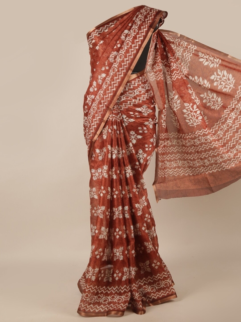 

Pothys Brown & Gold-Toned Floral Printed Jute Silk Saree