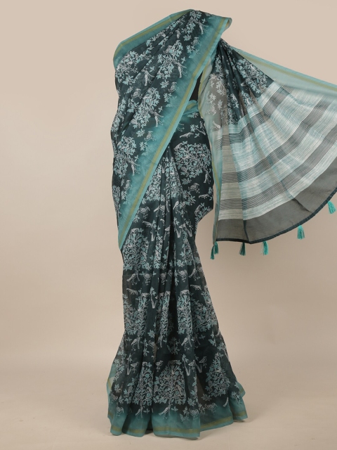 

Pothys Teal & White Ethnic Motifs Jute Silk Saree