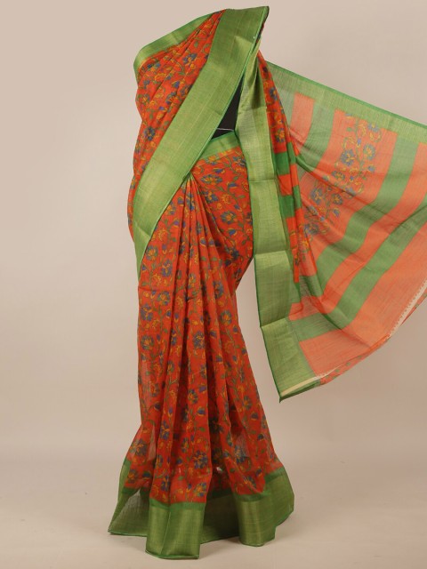 

Pothys Orange & Green Floral Printed Zari Saree