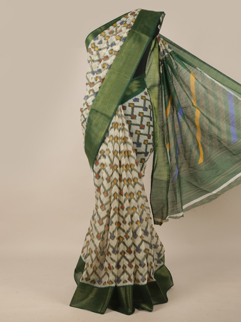 

Pothys Cream-Coloured & Green Printed Cotton Blend Saree