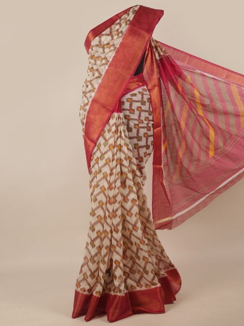 

Pothys Cream-Coloured & Red Ethnic Motifs Zari Saree