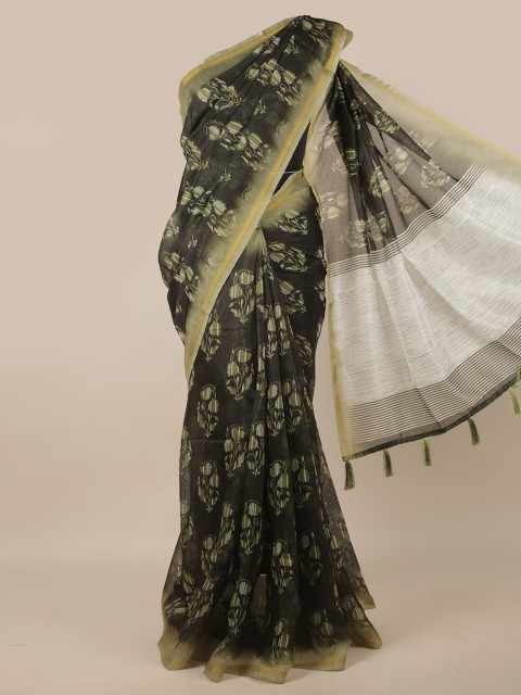 

Pothys Green & Black Floral Zari Jute Silk Saree