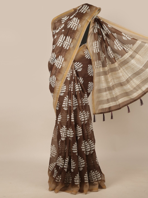 

Pothys Brown & White Printed Jute Silk Saree