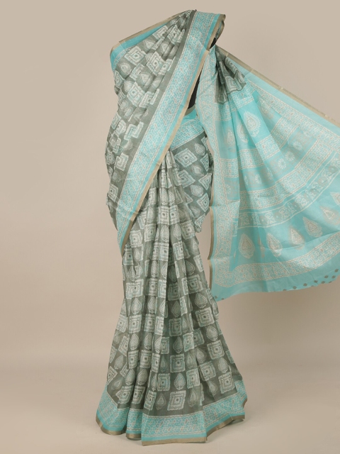

Pothys Green & Grey Ethnic Motifs Printed Zari Jute Silk Saree