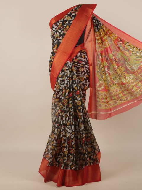 

Pothys Black & Red Floral Printed Zari Saree