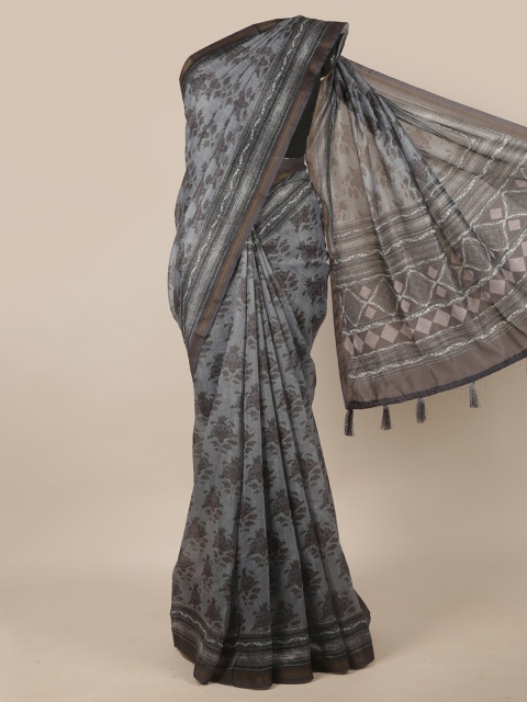 

Pothys Grey & Gold-Toned Floral Zari Jute Silk Saree