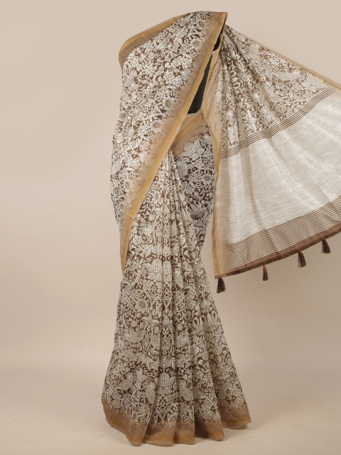 

Pothys Cream-Coloured & Brown Floral Jute Silk Saree