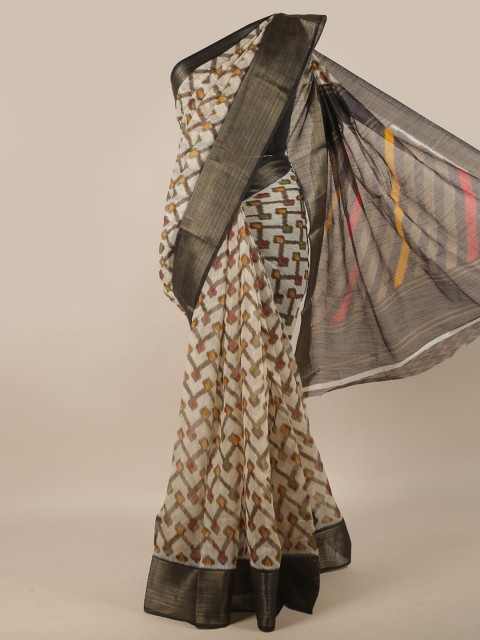 

Pothys Cream-Coloured & Yellow Geometric Printed Cotton Blend Saree