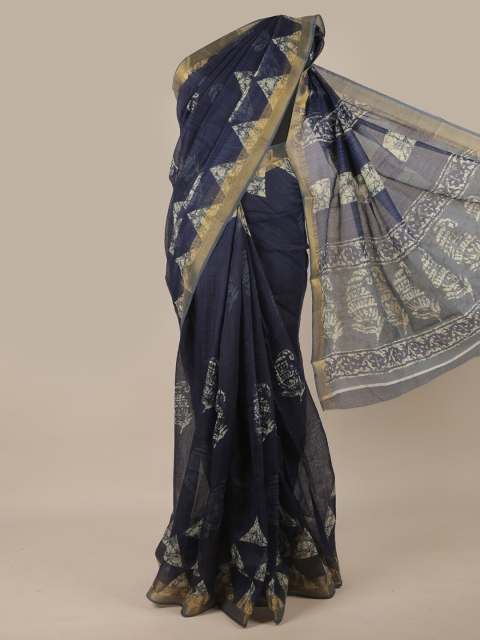 

Pothys Navy Blue & White Zari Cotton Blend Saree