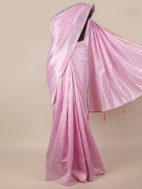 

Pothys Pink & White Leaves Printed Cotton Blend Saree