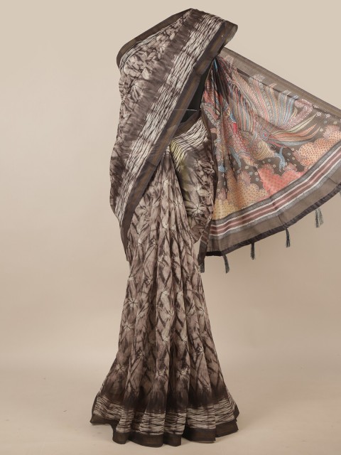 

Pothys Brown & White Printed Zari Jute Silk Saree