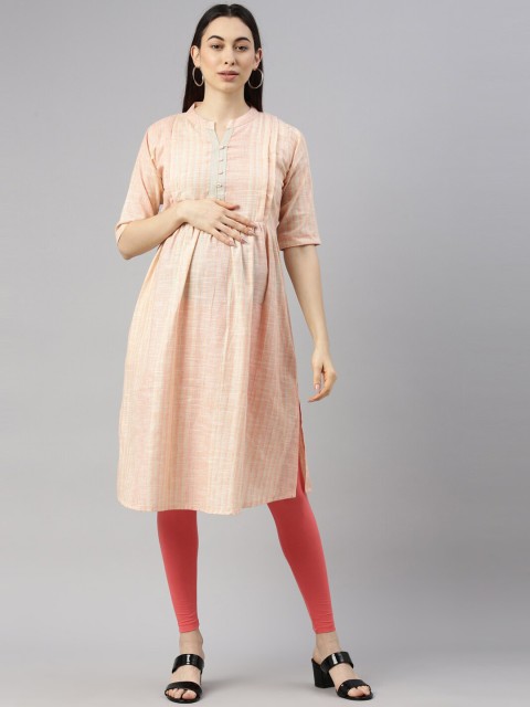 

GOLDSTROMS Women Peach-Coloured Geometric Checked Keyhole Neck Maternity Anarkali Kurta