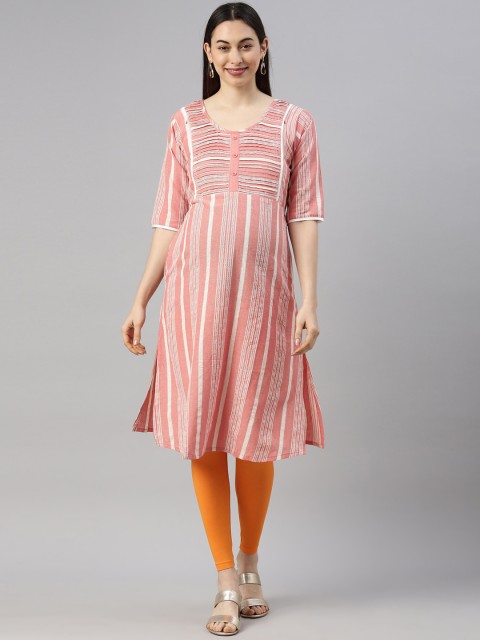 

GOLDSTROMS Women Peach-Coloured Striped Thread Work Maternity Anarkali Kurta