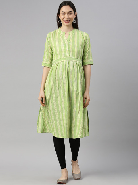 

GOLDSTROMS Women Green & Blue Striped Cotton Maternity Kurta