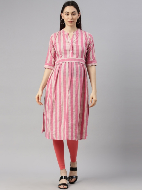 

GOLDSTROMS Women Pink Striped Thread Work Maternity Kurta