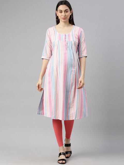 

GOLDSTROMS Women Multicoloured Striped Thread Work Maternity Kurta, Multi