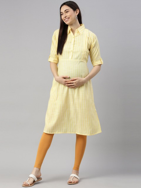 

GOLDSTROMS Women Yellow & White Striped Cotton Maternity Pathani Kurta