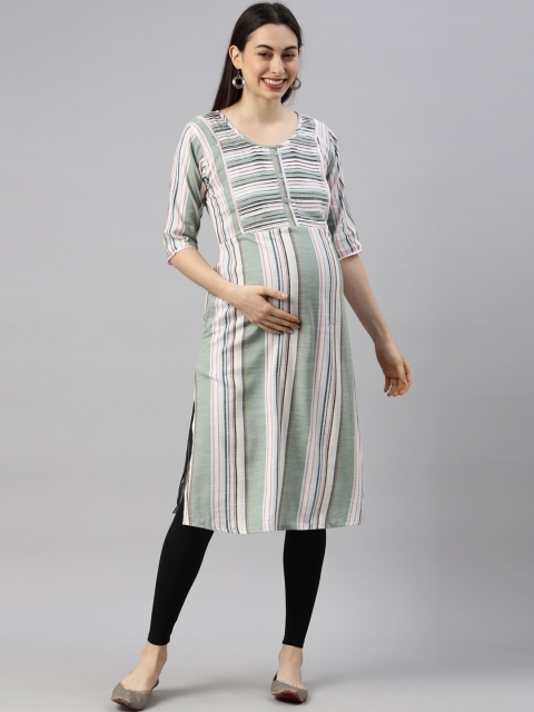 

GOLDSTROMS Women Green Striped Thread Work Maternity Kurta