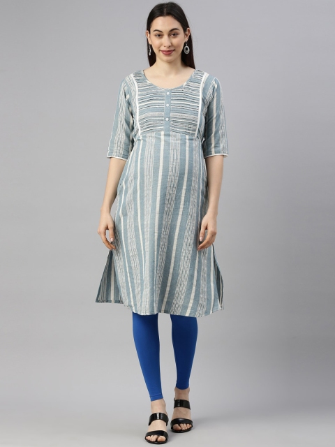 

GOLDSTROMS Women Blue & Off White Striped Thread Work Cotton Maternity Kurta