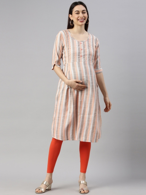 

GOLDSTROMS Women Orange Striped Keyhole Neck Thread Work Maternity Kurta