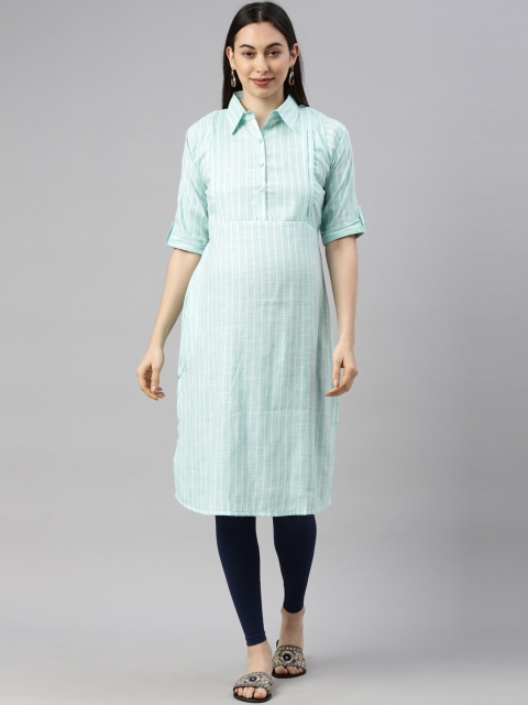 

GOLDSTROMS Women Turquoise Blue & White Striped Cotton Maternity Pathani Kurta