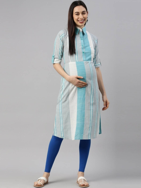 

GOLDSTROMS Women Blue Striped Thread Work Maternity Pathani Kurta