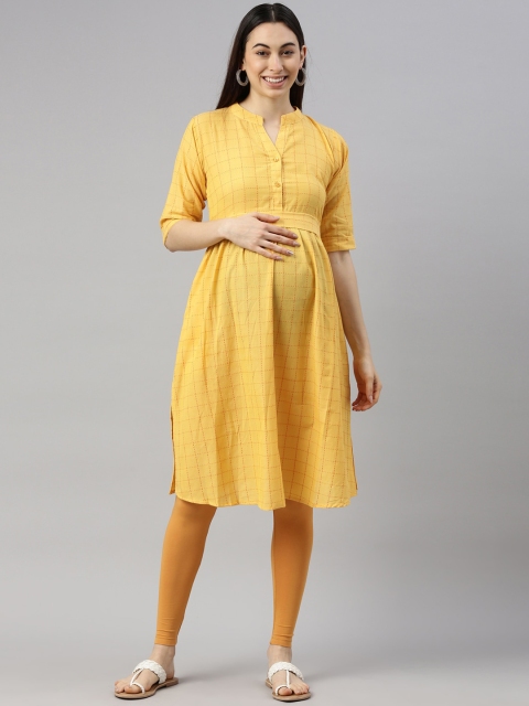 

GOLDSTROMS Women Mustard Yellow & Orange Checked Cotton Maternity Kurta