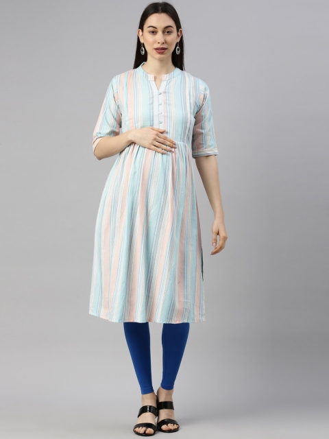 

GOLDSTROMS Women Blue Striped Keyhole Neck Thread Work Maternity Anarkali Kurta