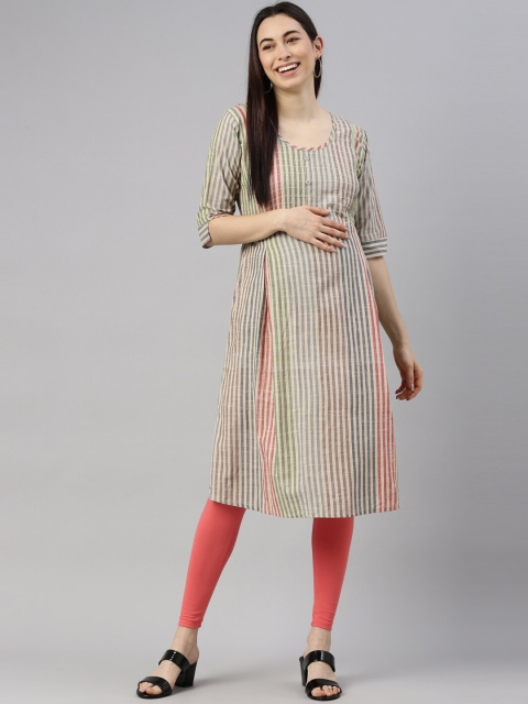 

GOLDSTROMS Women Off White & Blue Striped Thread Work Cotton Maternity Kurta
