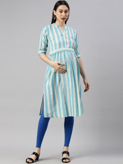 

GOLDSTROMS Women Blue Striped Thread Work Maternity Kurta