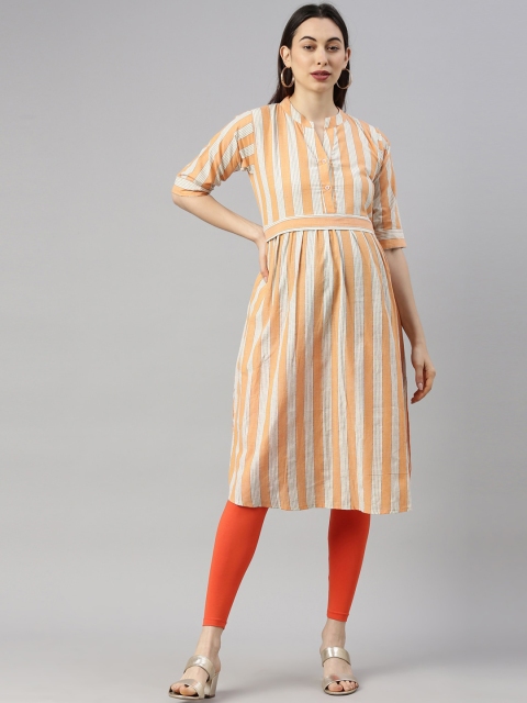 

GOLDSTROMS Women Orange & Off White Striped Cotton Maternity Kurta