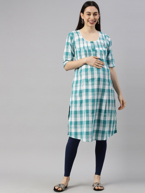 

GOLDSTROMS Women Green Checked Maternity Kurta