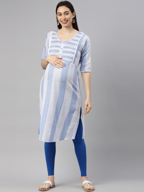 

GOLDSTROMS Women Blue Striped Mirror Work Maternity Kurta