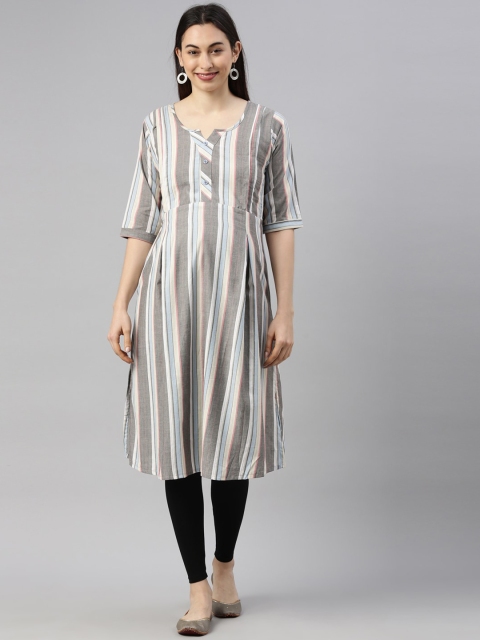 

GOLDSTROMS Women Grey & Blue Striped Cotton Maternity Kurta