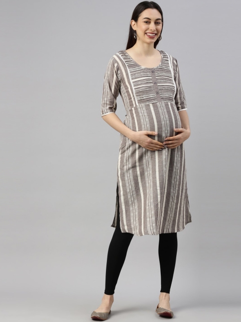 

GOLDSTROMS Women Grey & Off White Striped Thread Work Cotton Maternity Kurta