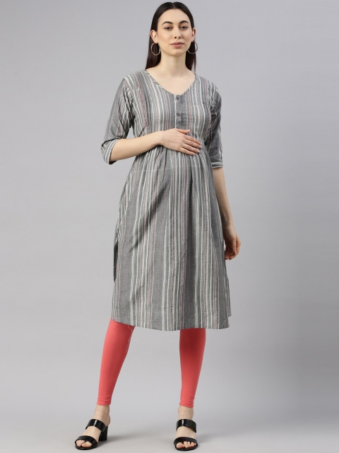 

GOLDSTROMS Women Grey & White Striped Cotton Maternity Kurta