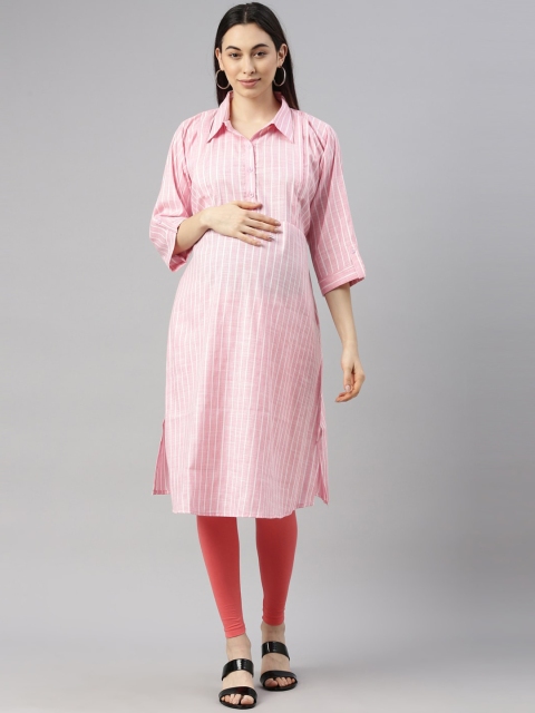 

GOLDSTROMS Women Pink Striped Flared Sleeves Thread Work Maternity Pathani Kurta