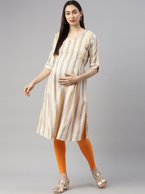 

GOLDSTROMS Women Yellow & White Striped Cotton Maternity Kurta
