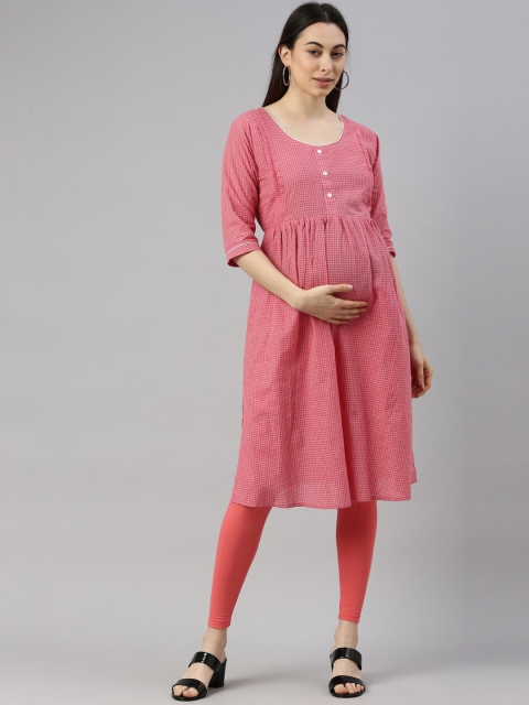 

GOLDSTROMS Women Fuchsia Pink & White Checked Cotton Maternity Kurta