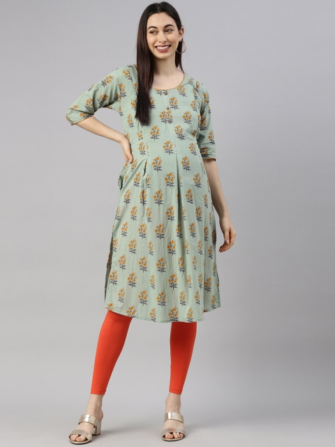 

GOLDSTROMS Women Green Floral Printed Thread Work Maternity Kurta
