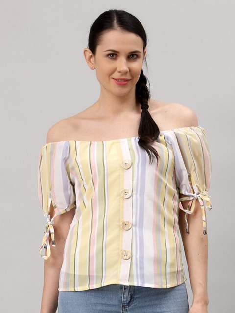 

ALC Creations Yellow & White Striped Off-Shoulder Crepe Bardot Top