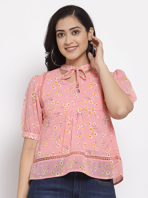 

ALC Creations Peach-Coloured & Yellow Floral Printed Tie-Up Neck Crepe A-Line Top