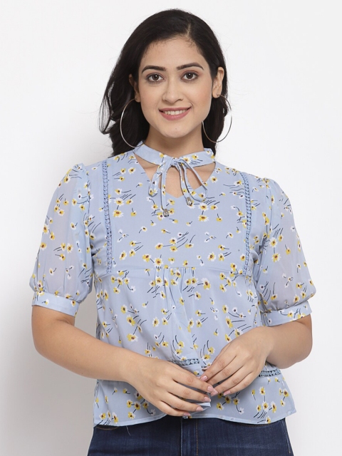 

ALC Creations Blue Floral Tie-Up Neck Crepe Regular Top