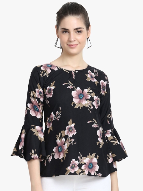 

ALC Creations Black Floral Keyhole Neck Crepe Regular Top