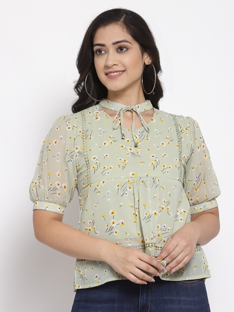 

ALC Creations Green Floral Tie-Up Neck Crepe Regular Top
