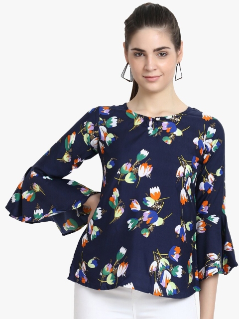 

ALC Creations Navy Blue & Orange Floral Printed Crepe Top