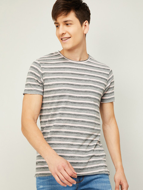 

Forca Men Pink & Grey Striped Cotton T-shirt