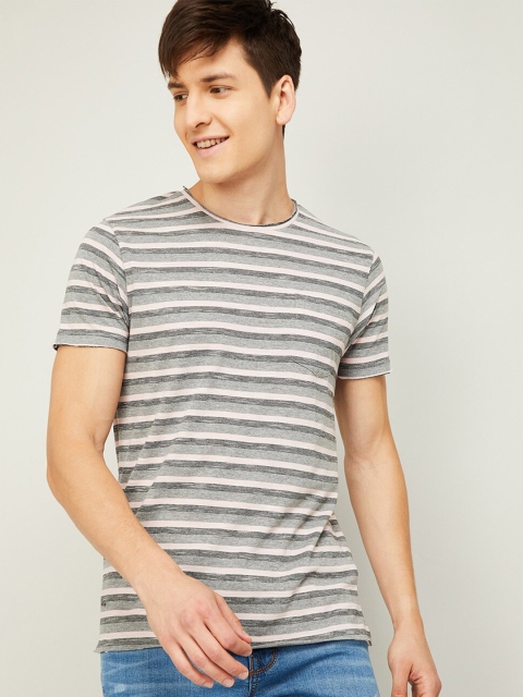 

Forca Men Pink & Grey Striped Cotton T-shirt