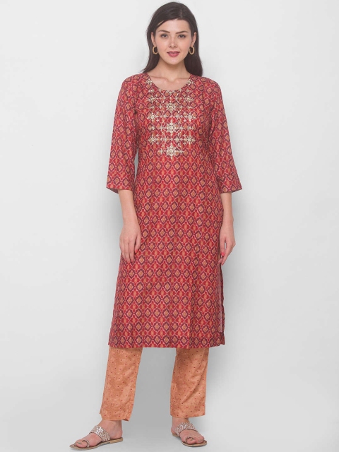 

ZOLA Women Rust Floral Yoke Design Panelled Kurti with Trousers