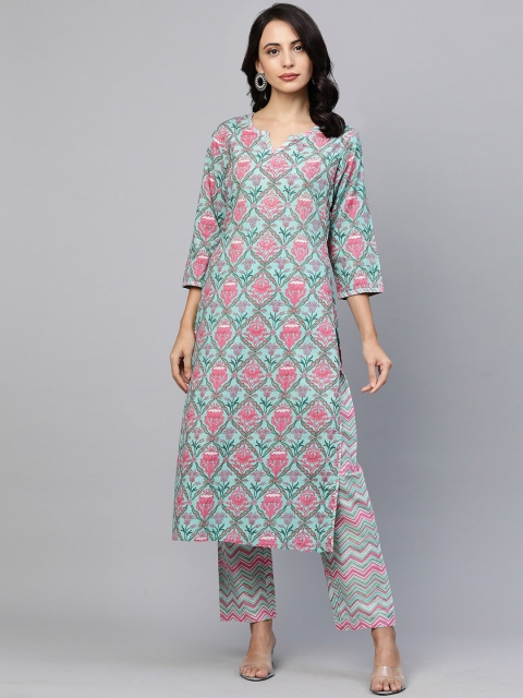 

FASHOR Women Green Ethnic Motifs Printed Regular Pure Cotton Kurta with Trousers